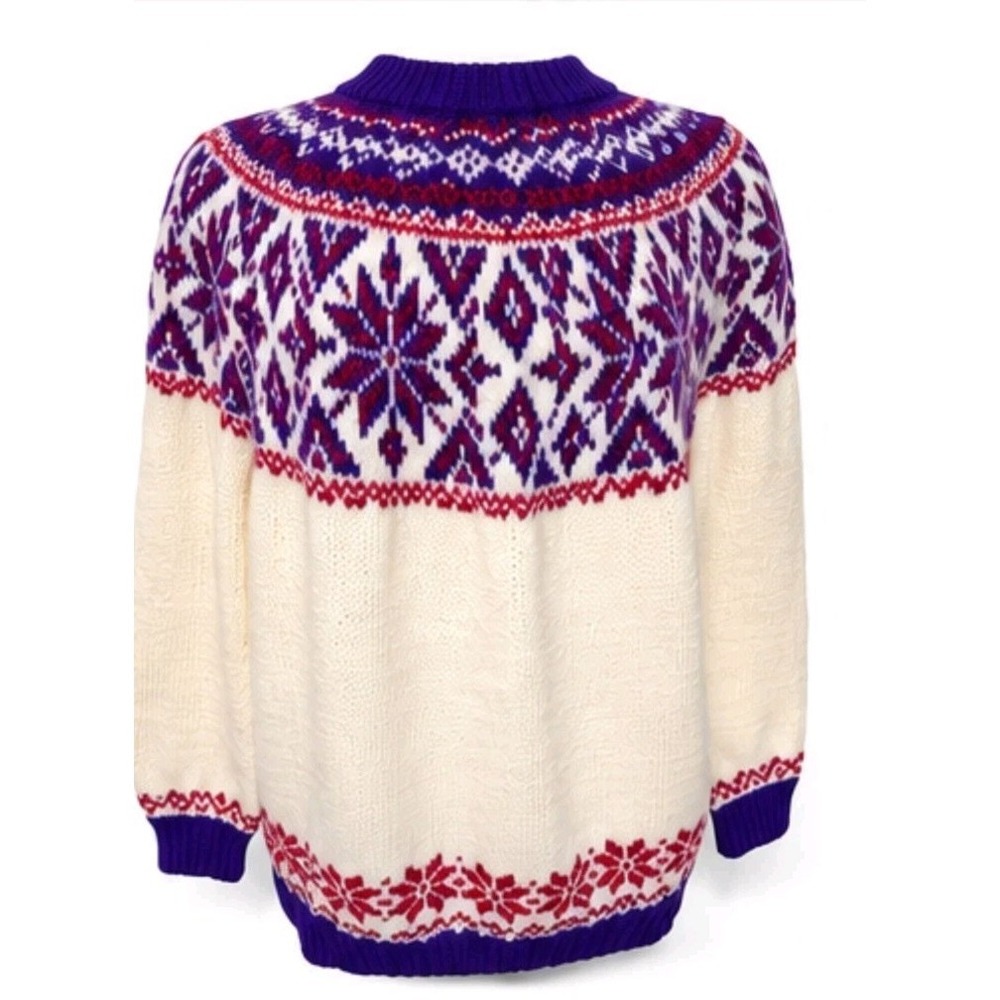 Vintage Nordic Fair Isle Wool Sweater Purple White Scandinavian‎ Knit Handmade